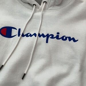 Champion White Hoodie with Blue Script